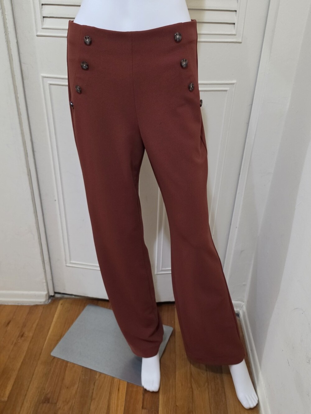 Express Boot Cut Pants in Rust Brown with Button Detail
